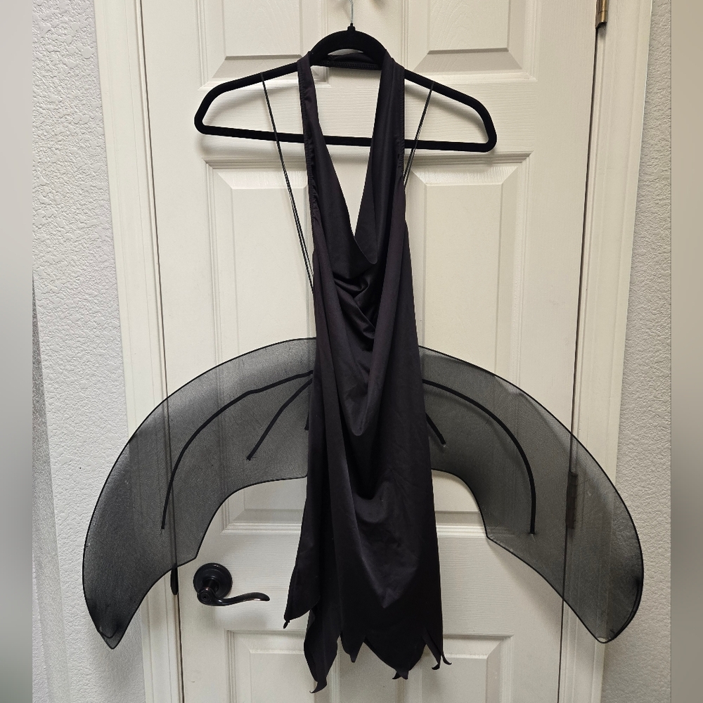 Leg Avenue Black Halter Dress with Sheer Wings, M/L
